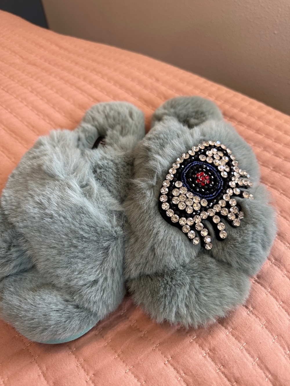 Plush Faux Fur Slide Slippers with Crystal Embellishment - Light blue EVIL EYE